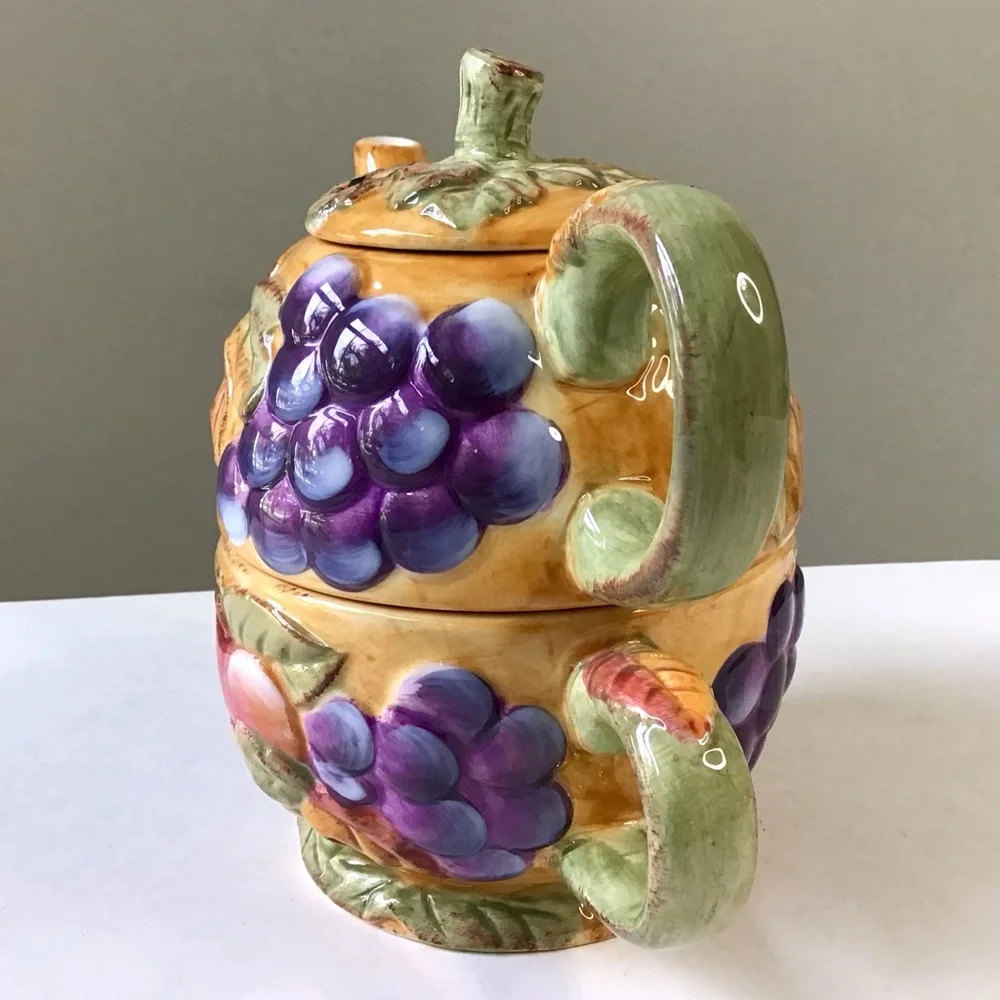 Vintage Gibson Tea For One Stacked Teapot & Cup Set Harvest Pantry Fruit Leaves
